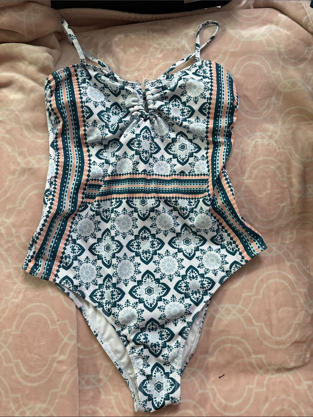 Patterned One-Piece Swimsuit in Teal and Peach
